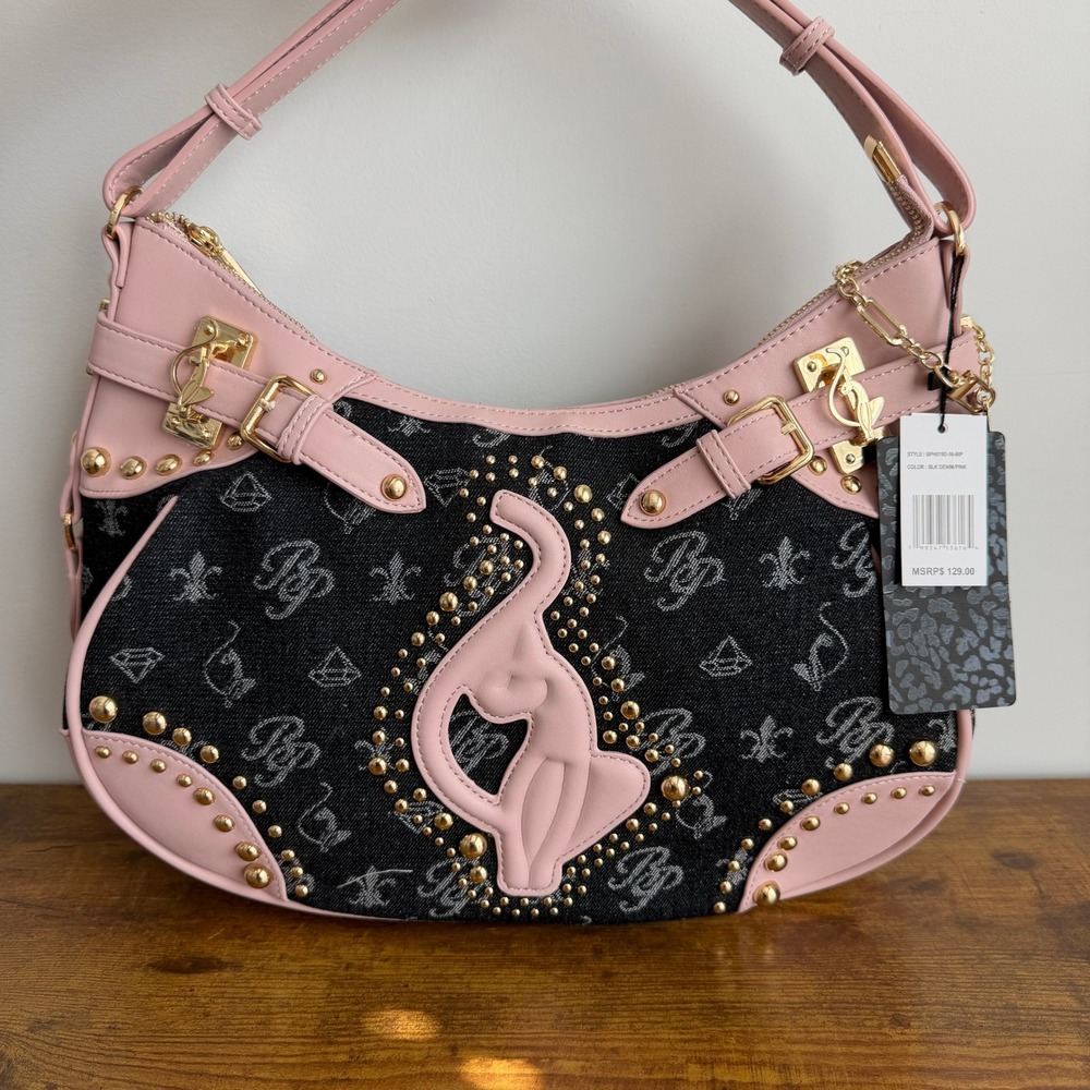 New Baby Phat Black Denim Pink Hobo Shoulder Handbag Y2K Cat Logo BP Studded